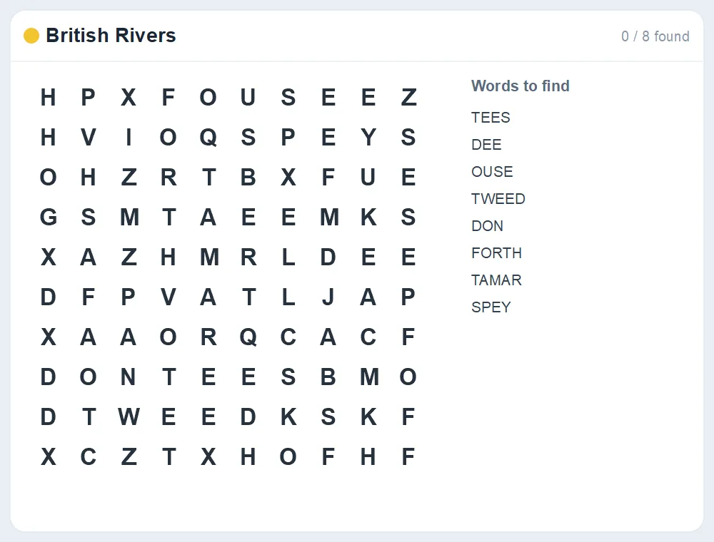 Preview of the British Rivers word search puzzle
