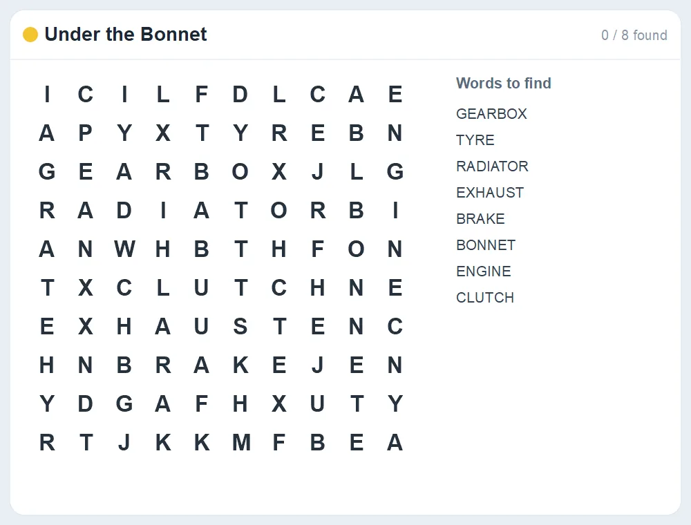 Preview of the Under the Bonnet word search puzzle