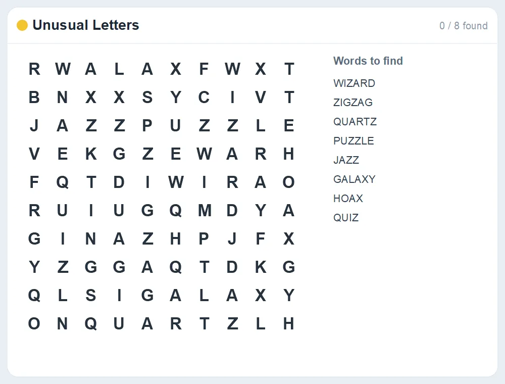 Preview of the Unusual Letters word search puzzle