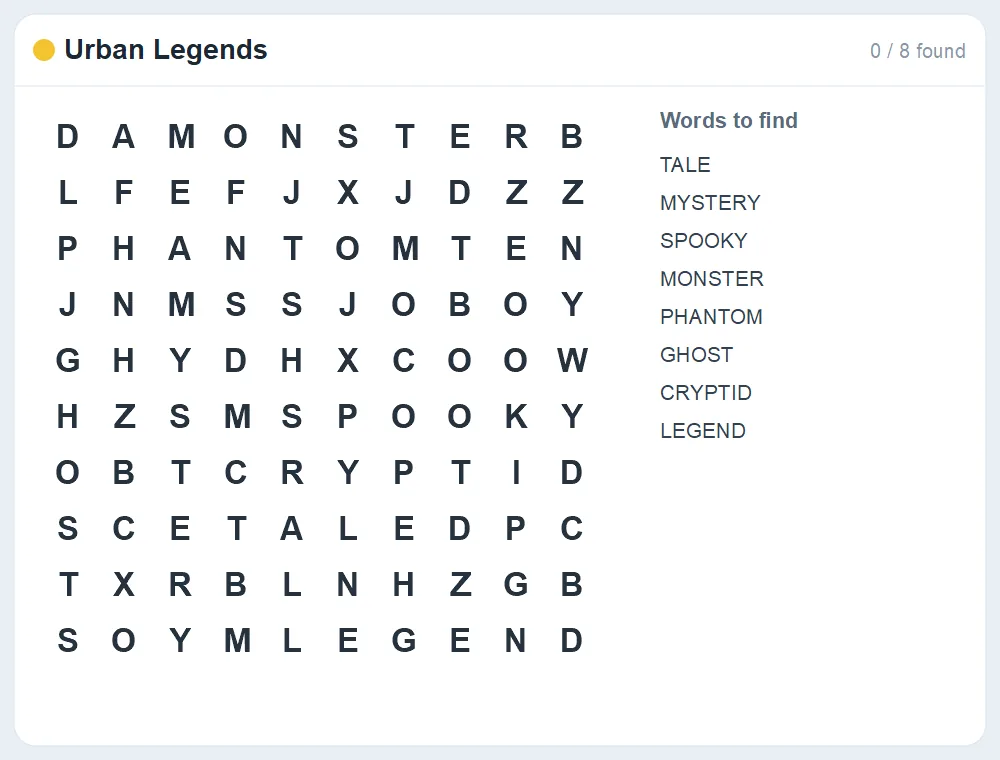 Preview of the Urban Legends word search puzzle