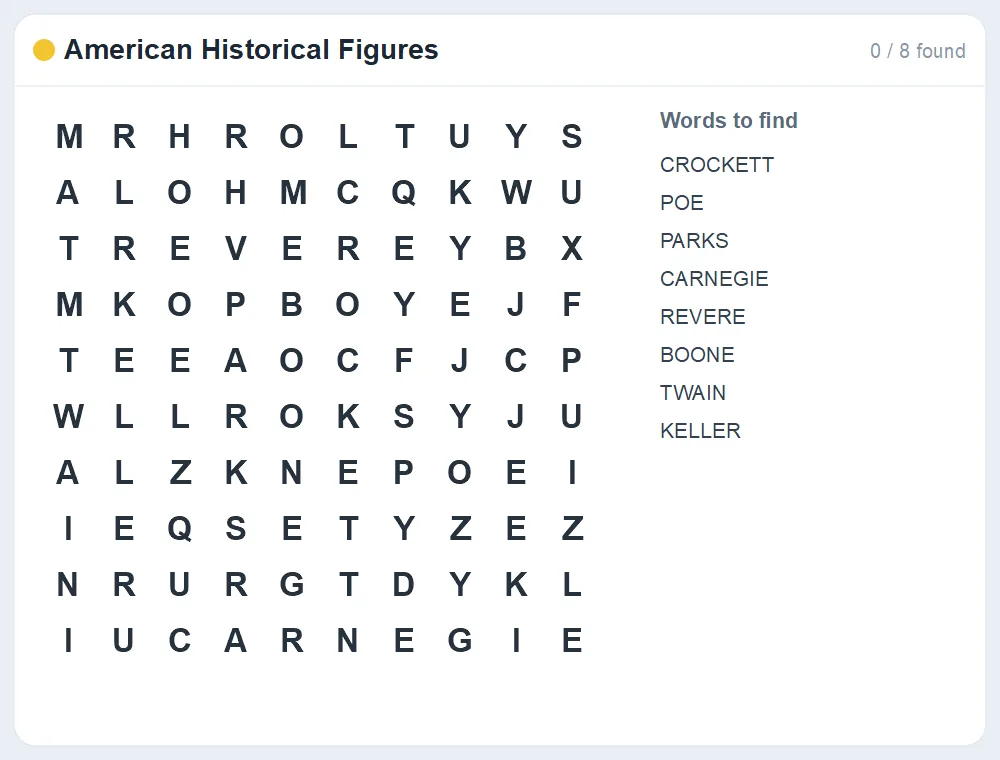 Preview of the American Historical Figures word search puzzle