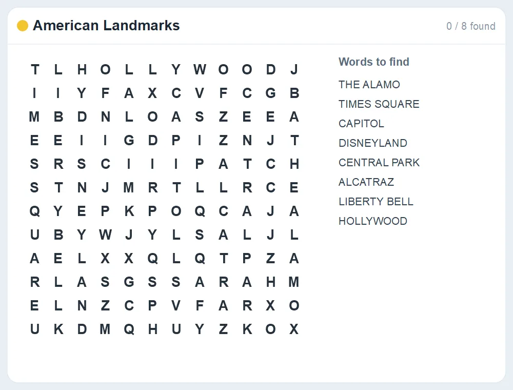 Preview of the American Landmarks word search puzzle