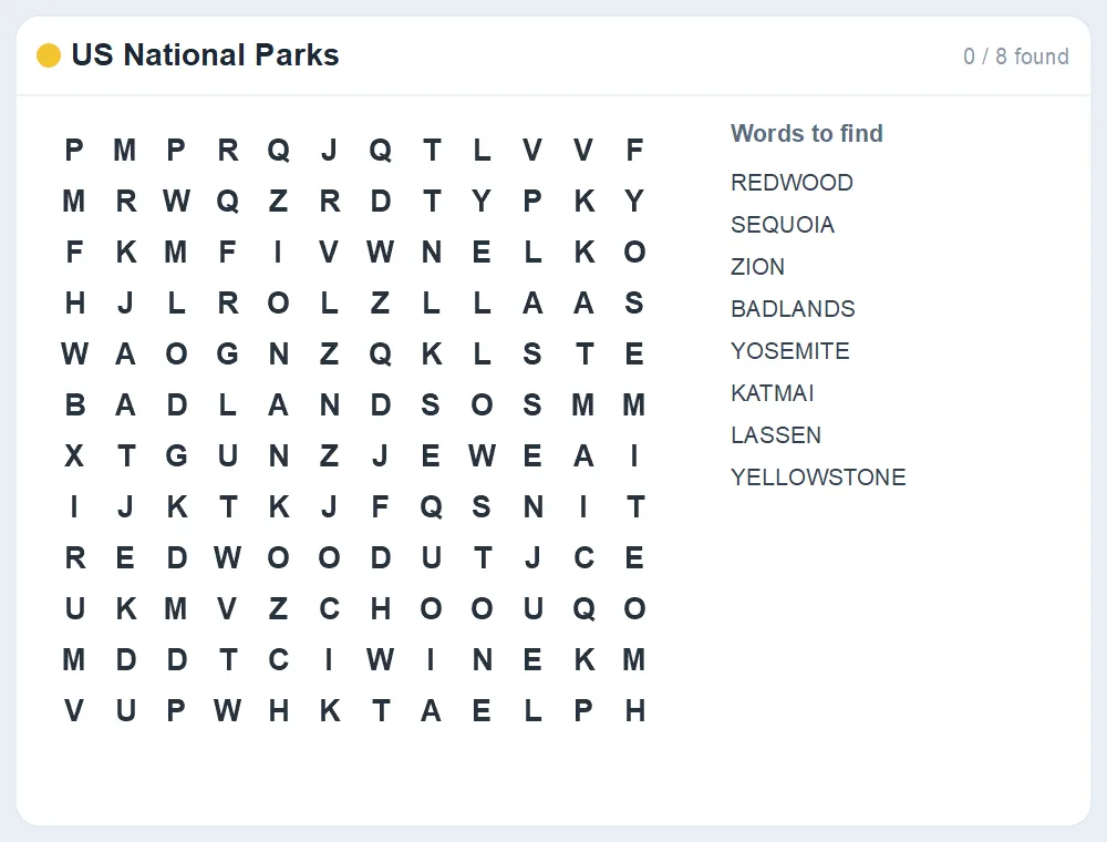 Preview of the US National Parks word search puzzle