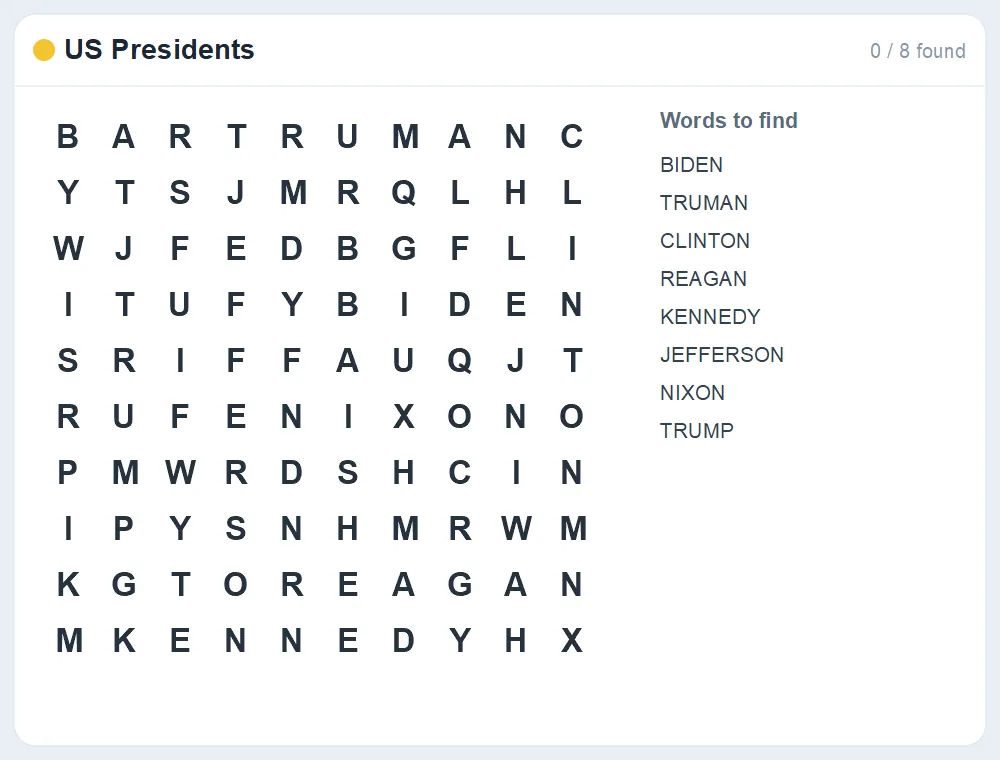 Preview of the US Presidents word search puzzle