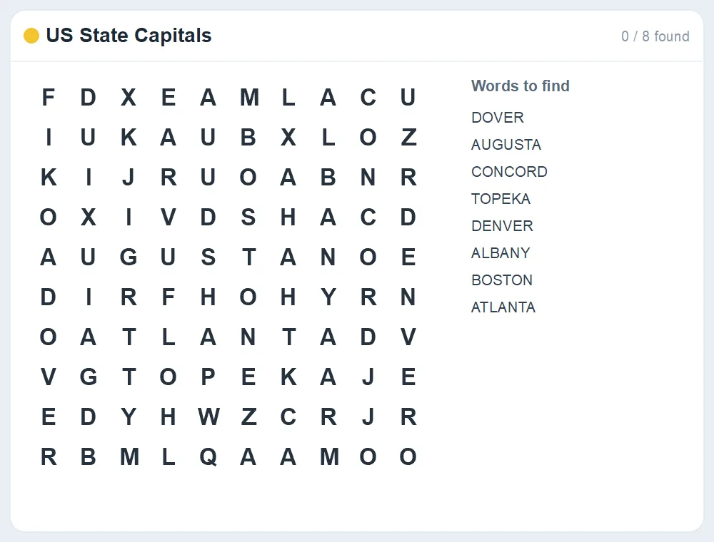 Preview of the US State Capitals word search puzzle
