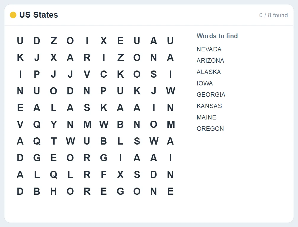 Preview of the US States word search puzzle