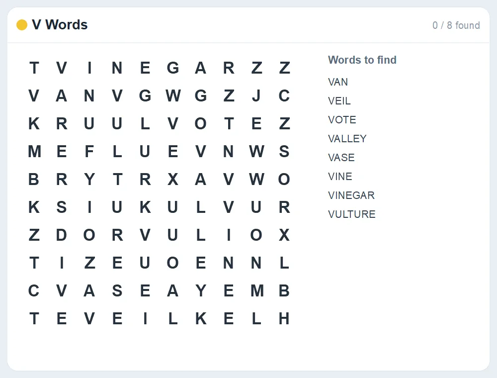 Preview of the V Words word search puzzle