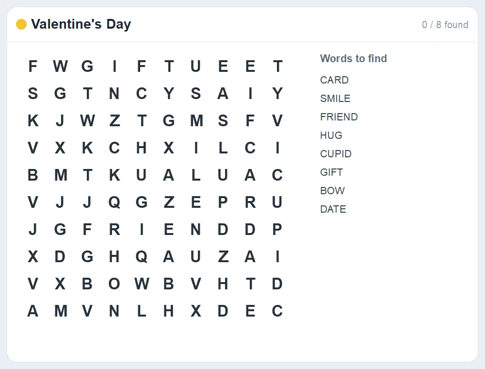 Preview of the Valentine's Day word search puzzle