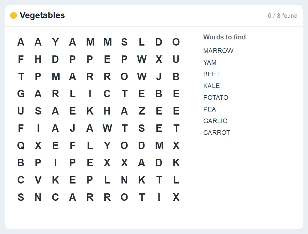 Preview of the Vegetables word search puzzle