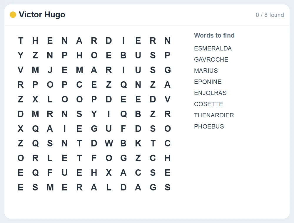 Preview of the Victor Hugo word search puzzle