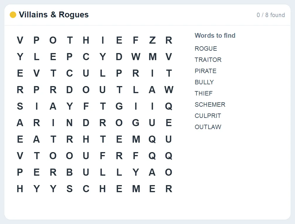 Preview of the Villains & Rogues word search puzzle