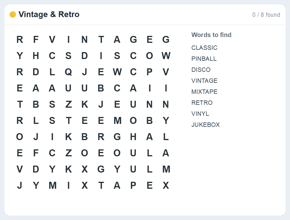 Preview of the Vintage & Retro word search puzzle