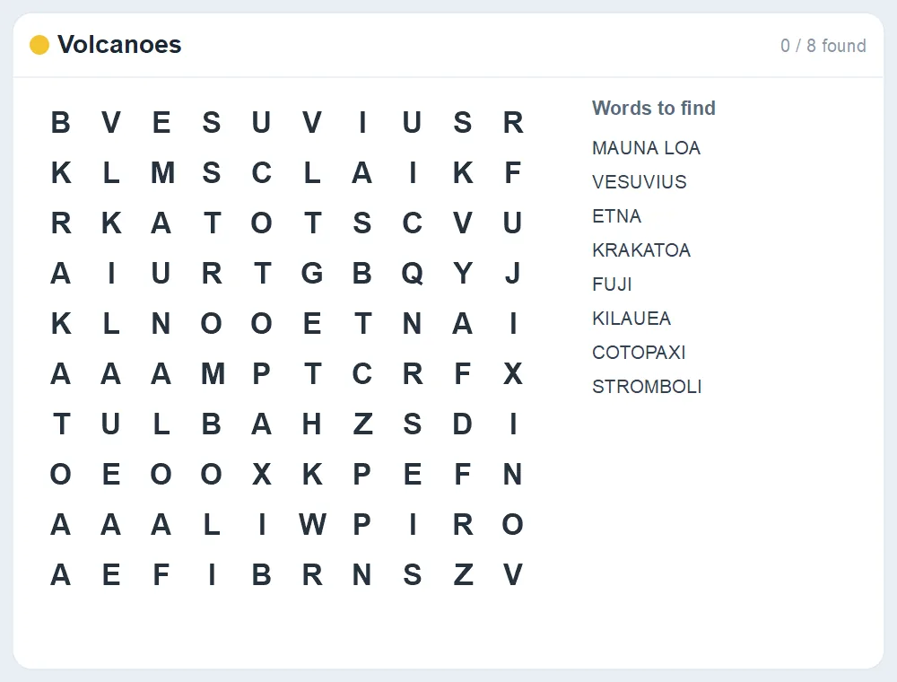 Preview of the Volcanoes word search puzzle