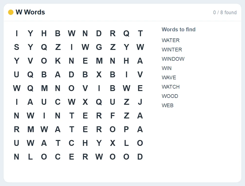 Preview of the W Words word search puzzle
