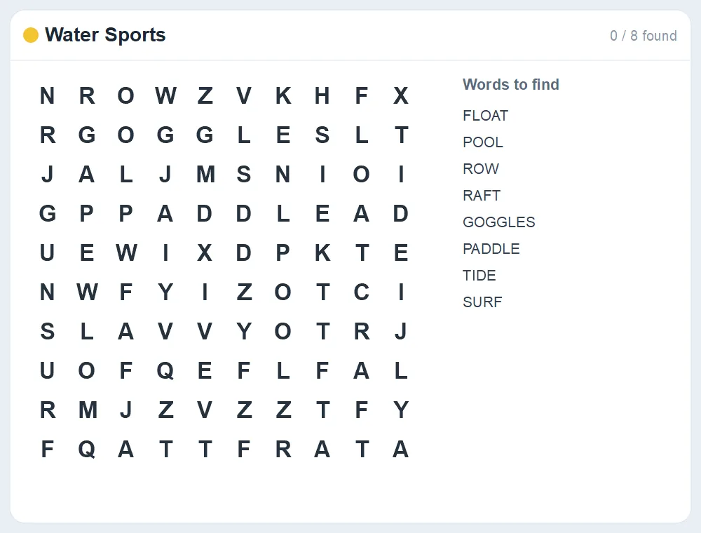 Preview of the Water Sports word search puzzle