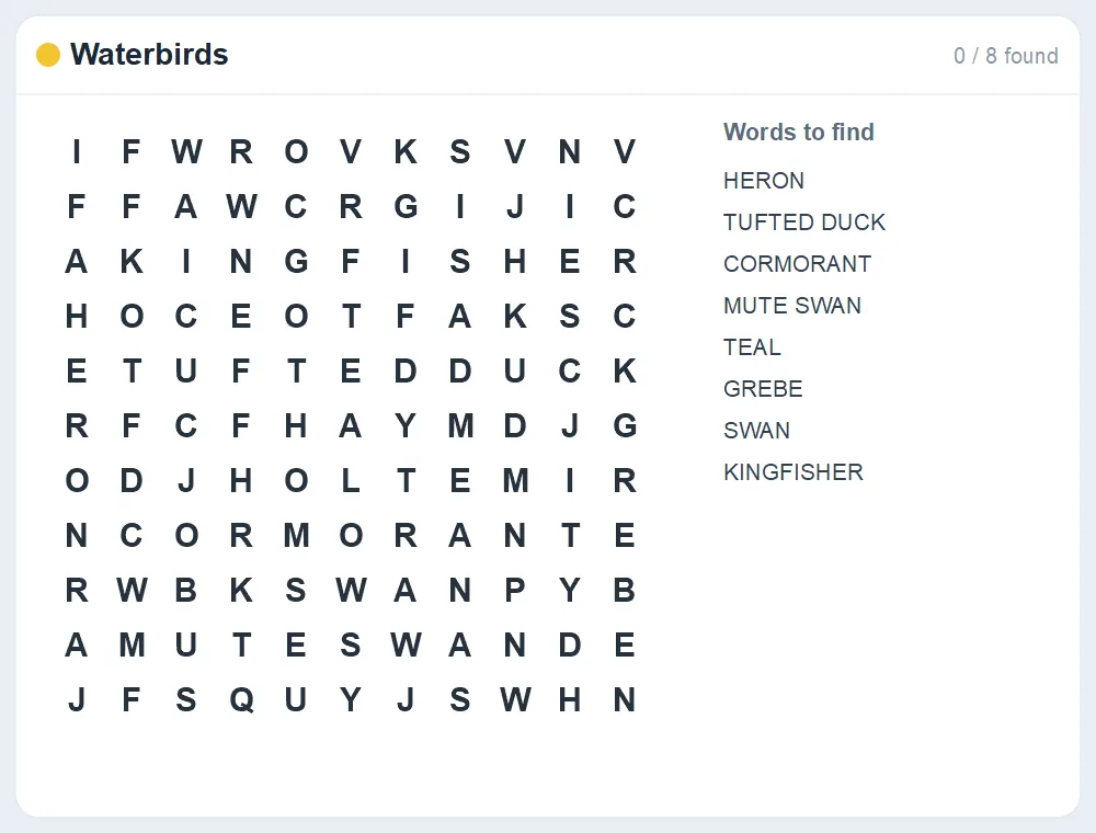 Preview of the Waterbirds word search puzzle