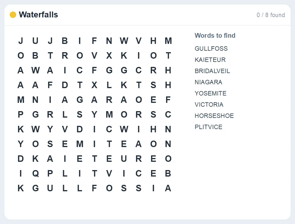 Preview of the Waterfalls word search puzzle