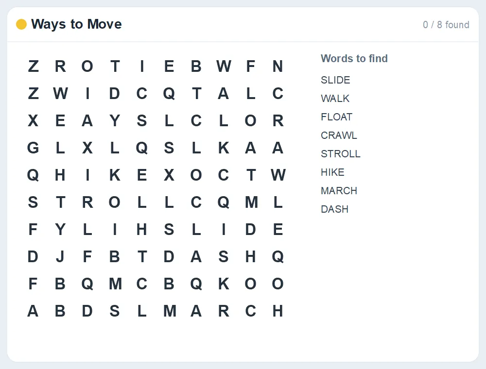Preview of the Ways to Move word search puzzle