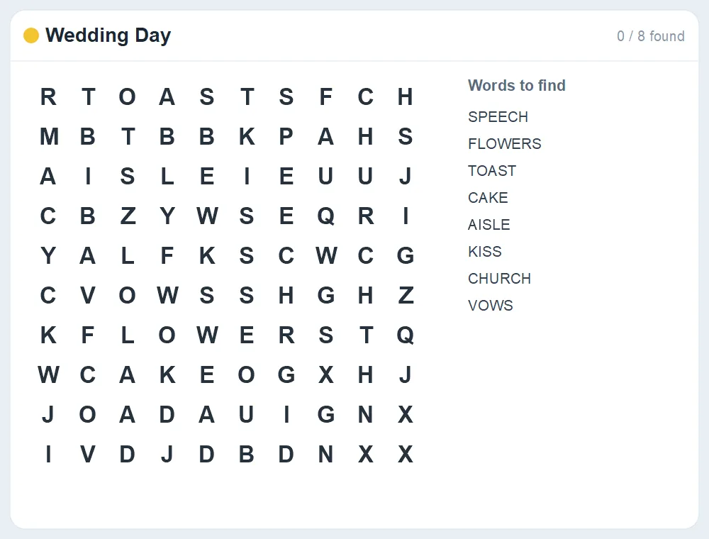 Preview of the Wedding Day word search puzzle