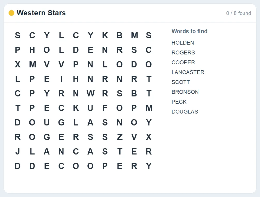 Preview of the Western Stars word search puzzle