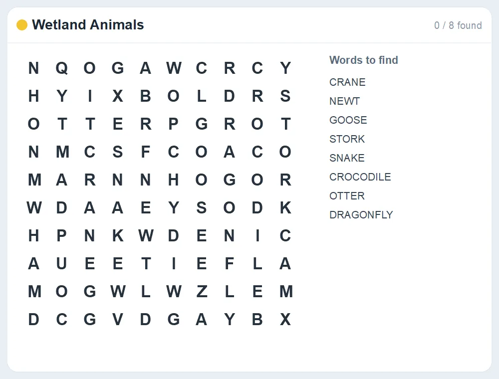 Preview of the Wetland Animals word search puzzle