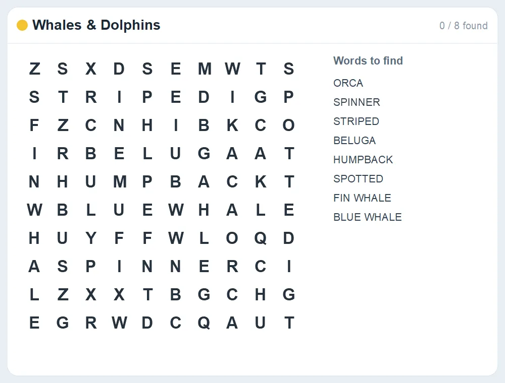 Preview of the Whales & Dolphins word search puzzle