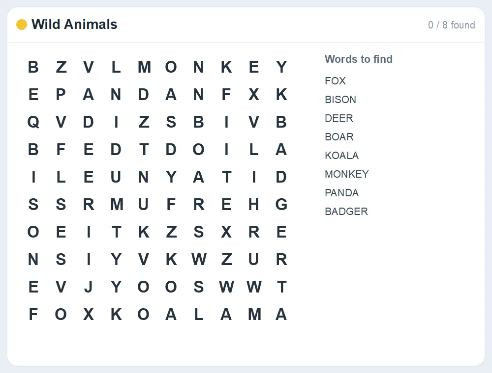 Preview of the Wild Animals word search puzzle