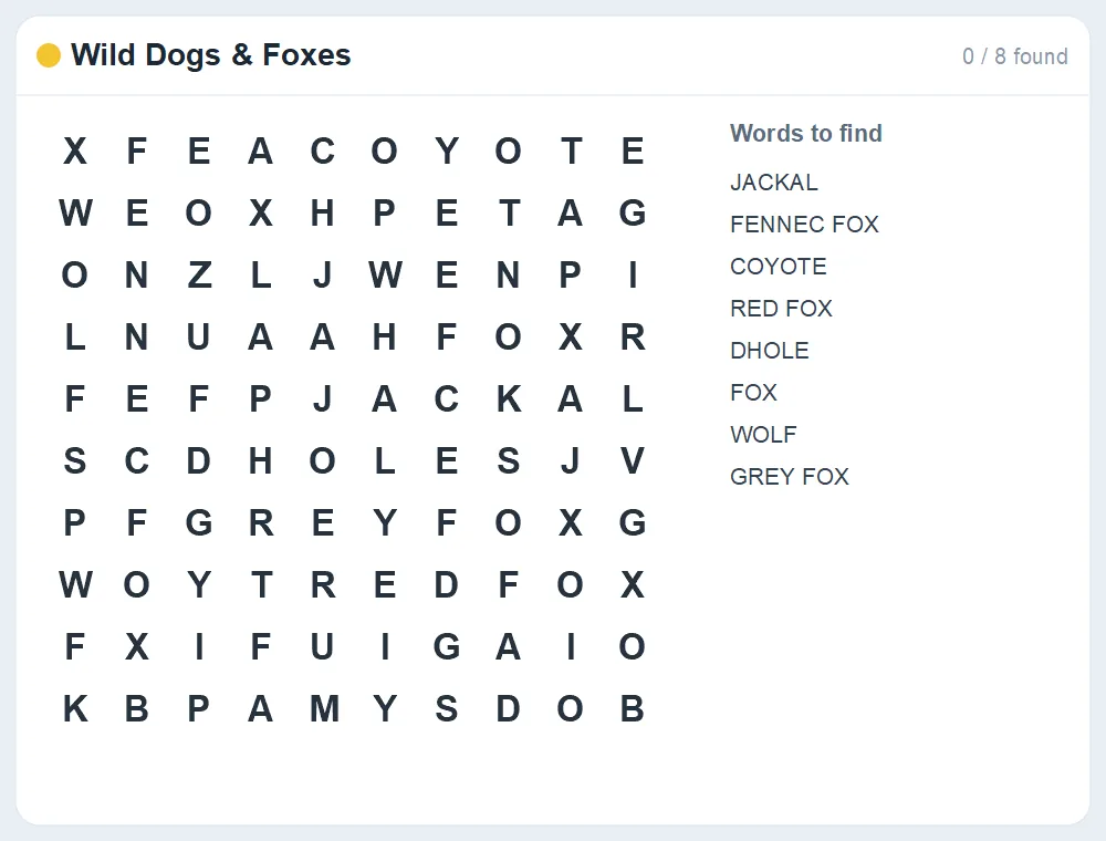 Preview of the Wild Dogs & Foxes word search puzzle