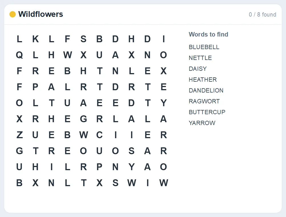Preview of the Wildflowers word search puzzle