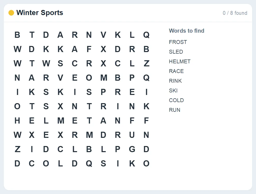 Preview of the Winter Sports word search puzzle
