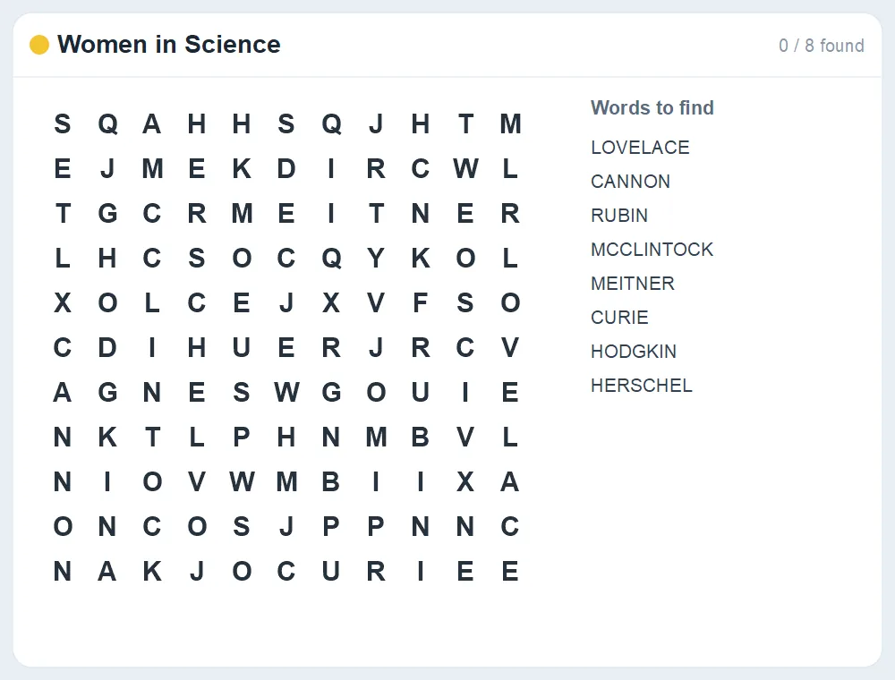 Preview of the Women in Science word search puzzle