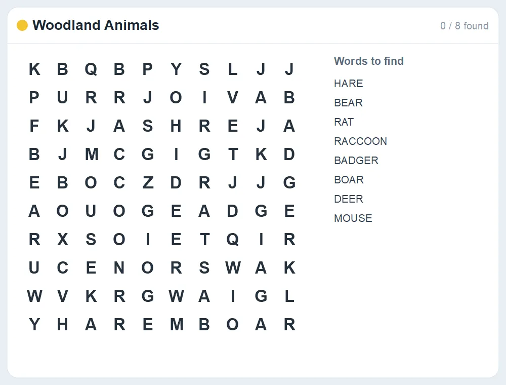 Preview of the Woodland Animals word search puzzle