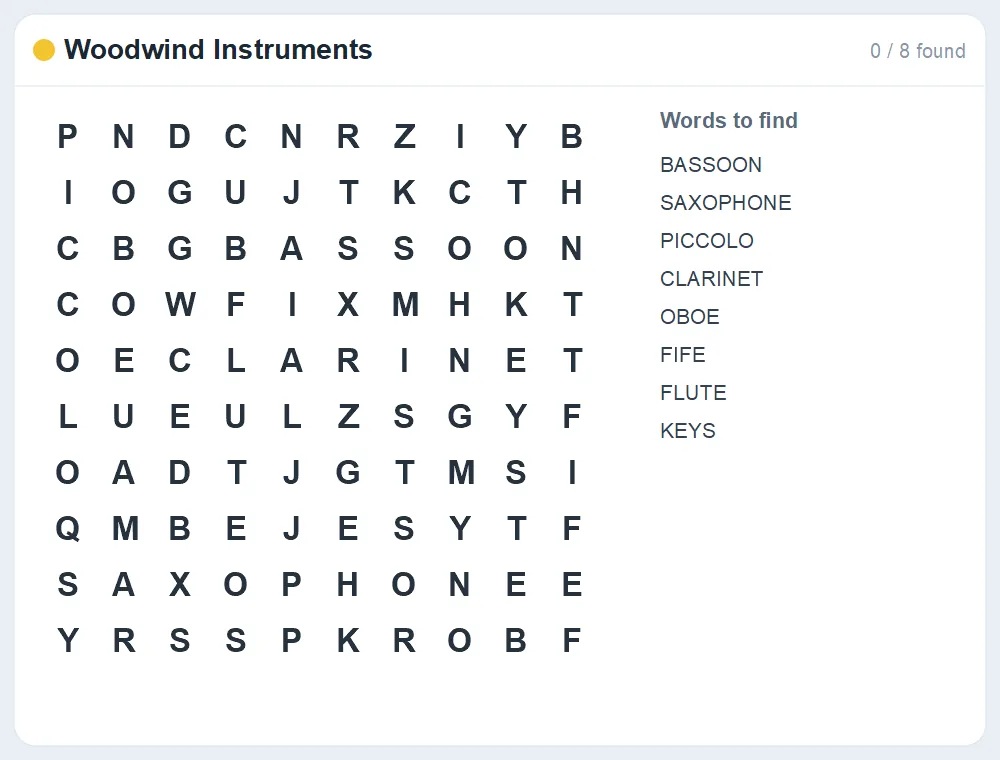 Preview of the Woodwind Instruments word search puzzle