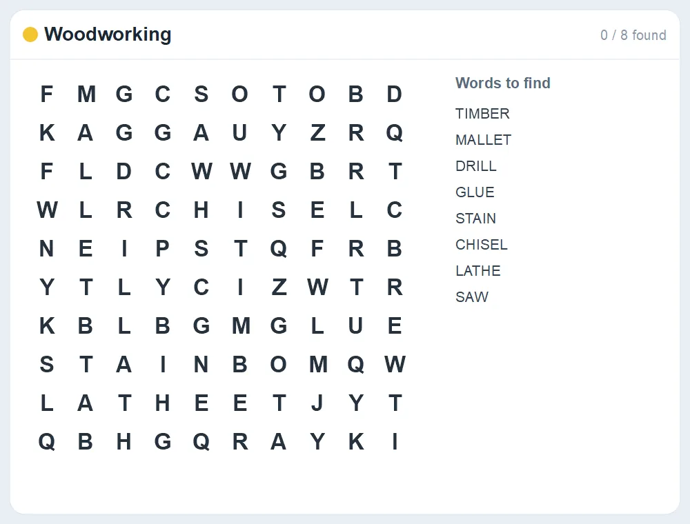 Preview of the Woodworking word search puzzle