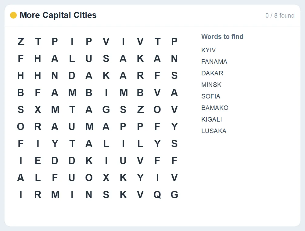 Preview of the More Capital Cities word search puzzle