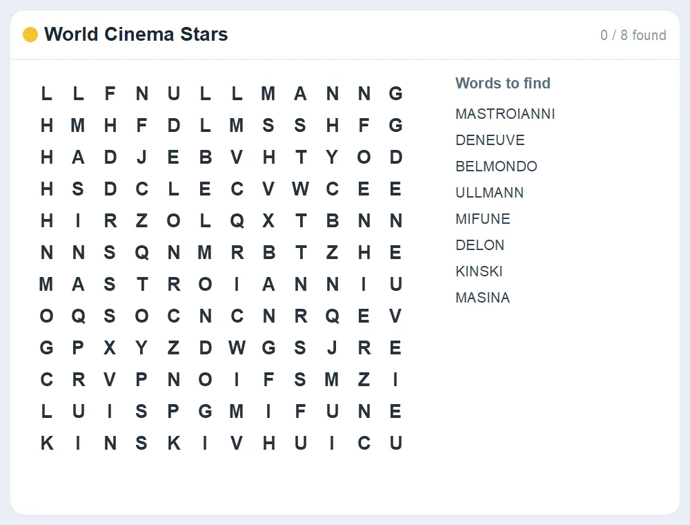 Preview of the World Cinema Stars word search puzzle