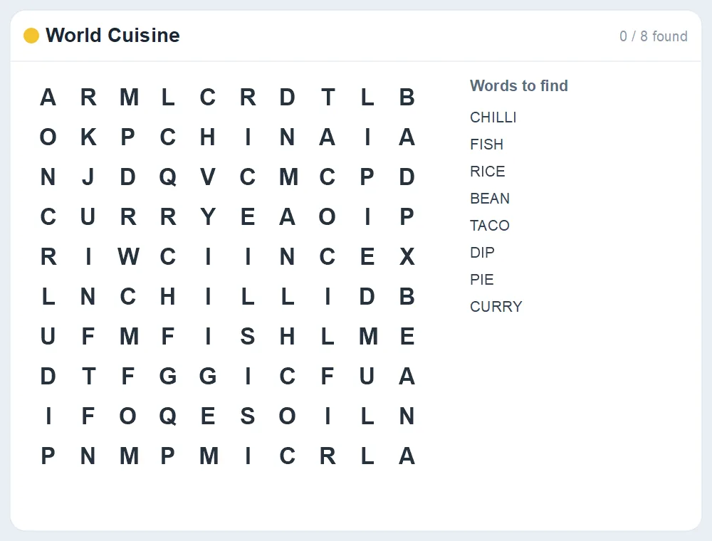 Preview of the World Cuisine word search puzzle