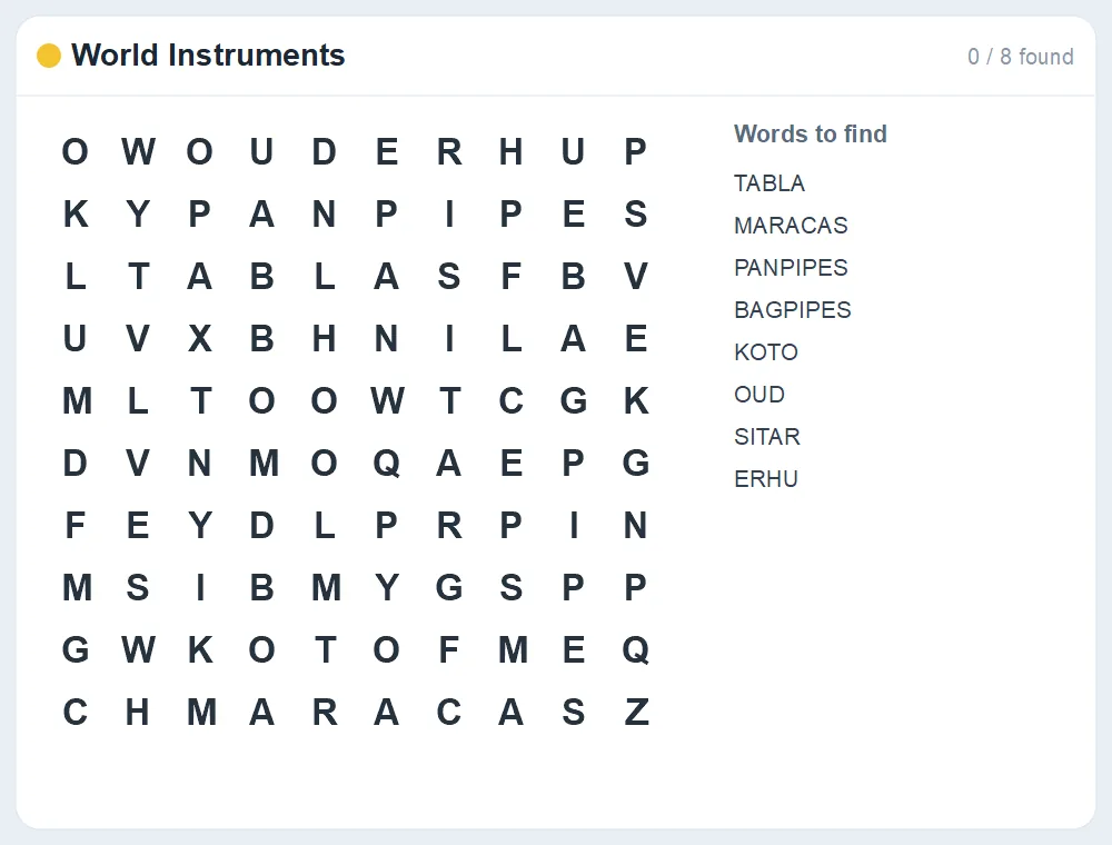 Preview of the World Instruments word search puzzle