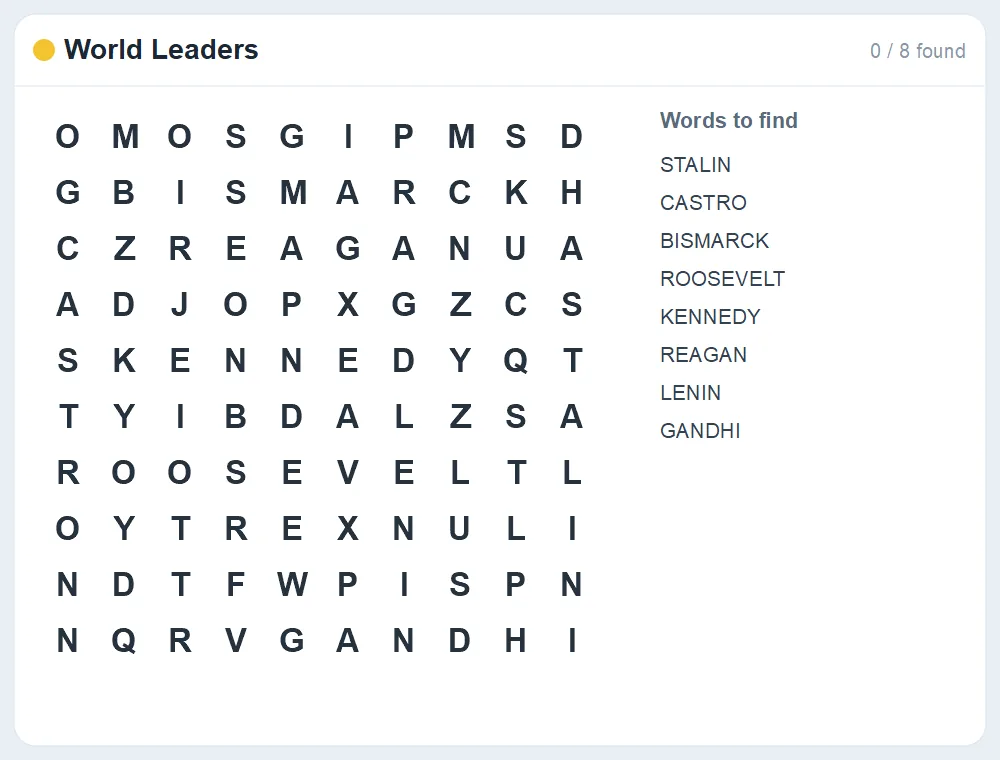 Preview of the World Leaders word search puzzle