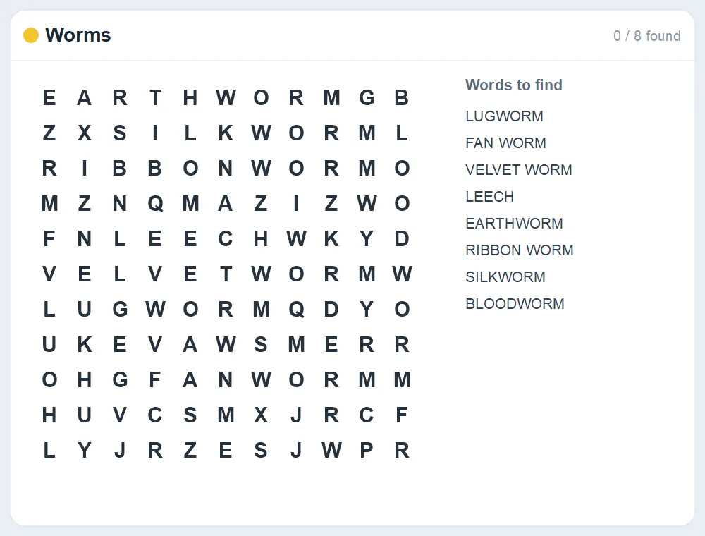 Preview of the Worms word search puzzle