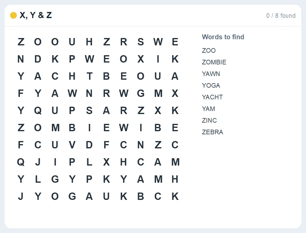 Preview of the X, Y & Z word search puzzle