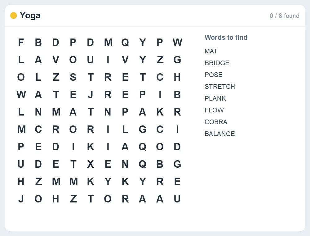 Preview of the Yoga word search puzzle